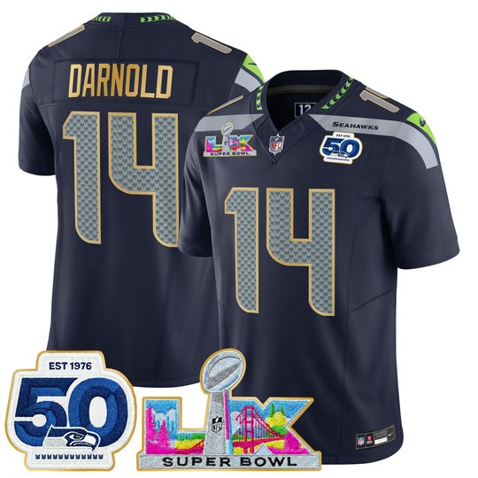 Men's Seattle Seahawks #14 Sam Darnold Navy 'Gold Trim' 2026 Super Bowl LX & 50th Patch F.U.S.E. Vapor Limited Stitched Jersey