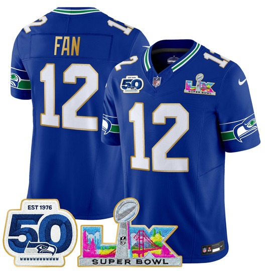 Men's Seattle Seahawks #12 Fan Royal 'Gold Trim' 2026 Super Bowl LX & 50th Patch F.U.S.E. Vapor Limited Stitched Jersey