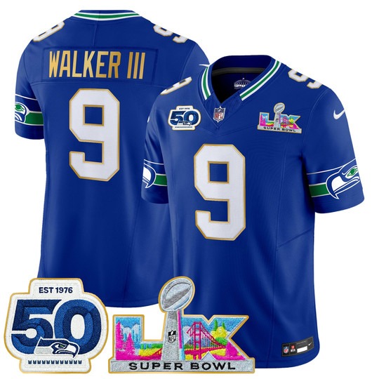 Men's Seattle Seahawks #9 Kenneth Walker III Royal 'Gold Trim' 2026 Super Bowl LX & 50th Patch F.U.S.E. Vapor Limited Stitched Jersey