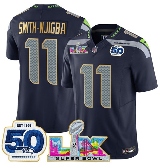 Men's Seattle Seahawks #11 Jaxon Smith-Njigba Navy 'Gold Trim' 2026 Super Bowl LX & 50th Patch F.U.S.E. Vapor Limited Stitched Jersey
