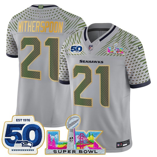 Men's Seattle Seahawks #21 Devon Witherspoon Wolf Gray 'Gold Trim' 2026 Super Bowl LX & 50th Patch F.U.S.E. Vapor Limited Stitched Jersey
