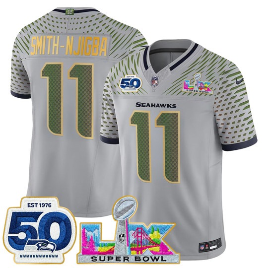 Men's Seattle Seahawks #11 Jaxon Smith-Njigba Wolf Gray 'Gold Trim' 2026 Super Bowl LX & 50th Patch F.U.S.E. Vapor Limited Stitched Jersey