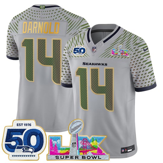 Men's Seattle Seahawks #14 Sam Darnold Wolf Gray 'Gold Trim' 2026 Super Bowl LX & 50th Patch F.U.S.E. Vapor Limited Stitched Jersey