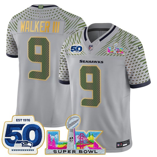 Men's Seattle Seahawks #9 Kenneth Walker III Wolf Gray 'Gold Trim' 2026 Super Bowl LX & 50th Patch F.U.S.E. Vapor Limited Stitched Jersey