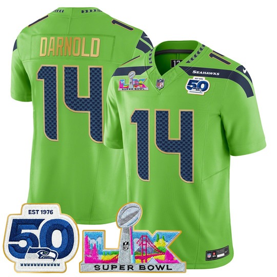 Men's Seattle Seahawks #14 Sam Darnold Green 'Gold Trim' 2026 Super Bowl LX & 50th Patch F.U.S.E. Vapor Limited Stitched Jersey