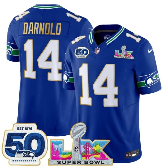 Men's Seattle Seahawks #14 Sam Darnold Royal 'Gold Trim' 2026 Super Bowl LX & 50th Patch F.U.S.E. Vapor Limited Stitched Jersey