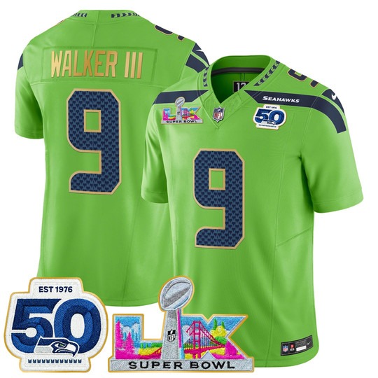 Men's Seattle Seahawks #9 Kenneth Walker III Green 'Gold Trim' 2026 Super Bowl LX & 50th Patch F.U.S.E. Vapor Limited Stitched Jersey