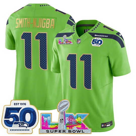 Men's Seattle Seahawks #11 Jaxon Smith-Njigba Green 'Gold Trim' 2026 Super Bowl LX & 50th Patch F.U.S.E. Vapor Limited Stitched Jersey