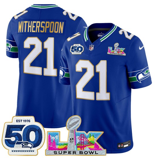 Men's Seattle Seahawks #21 Devon Witherspoon Royal 'Gold Trim' 2026 Super Bowl LX & 50th Patch F.U.S.E. Vapor Limited Stitched Jersey