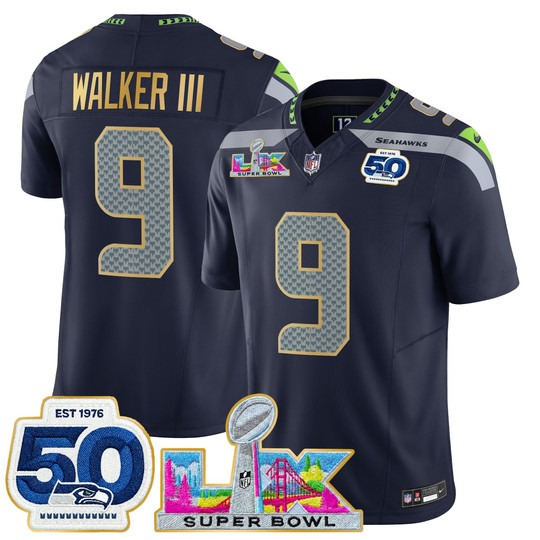 Men's Seattle Seahawks #9 Kenneth Walker III Navy 'Gold Trim' 2026 Super Bowl LX & 50th Patch F.U.S.E. Vapor Limited Stitched Jersey