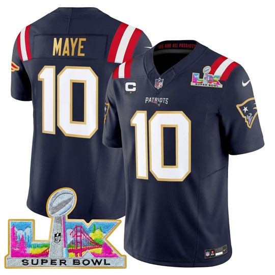 Men's New England Patriots #10 Drake Maye Navy 'Gold Trim' 2026 Super Bowl LX F.U.S.E. Vapor Limited Stitched Jersey