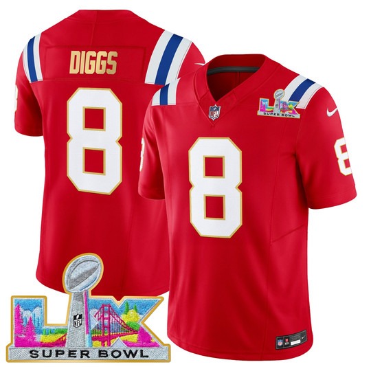 Men's New England Patriots #8 Stefon Diggs Red 'Gold Trim' 2026 Super Bowl LX F.U.S.E. Vapor Limited Stitched Jersey