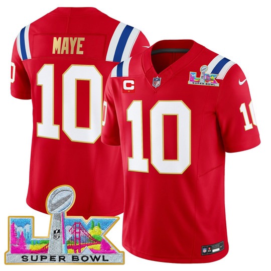 Men's New England Patriots #10 Drake Maye Red 'Gold Trim' 2026 Super Bowl LX F.U.S.E. Vapor Limited Stitched Jersey