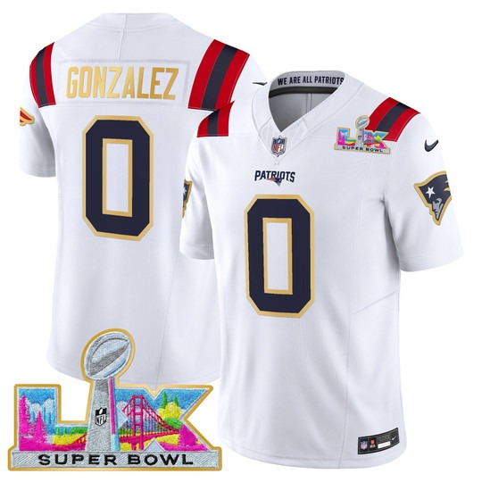 Men's New England Patriots #0 Christian Gonzalez White 'Gold Trim' 2026 Super Bowl LX F.U.S.E. Vapor Limited Stitched Jersey