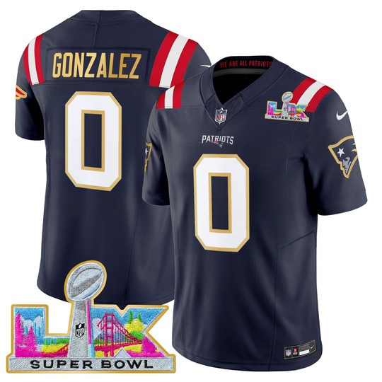 Men's New England Patriots #0 Christian Gonzalez Navy 'Gold Trim' 2026 Super Bowl LX F.U.S.E. Vapor Limited Stitched Jersey