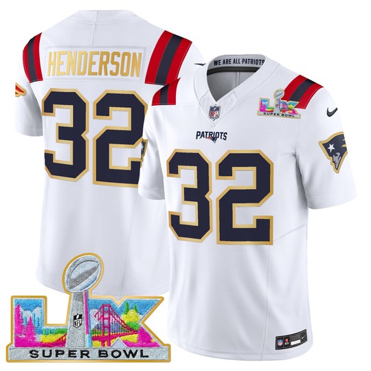 Men's New England Patriots #32 TreVeyon Henderson White 'Gold Trim' 2026 Super Bowl LX F.U.S.E. Vapor Limited Stitched Jersey