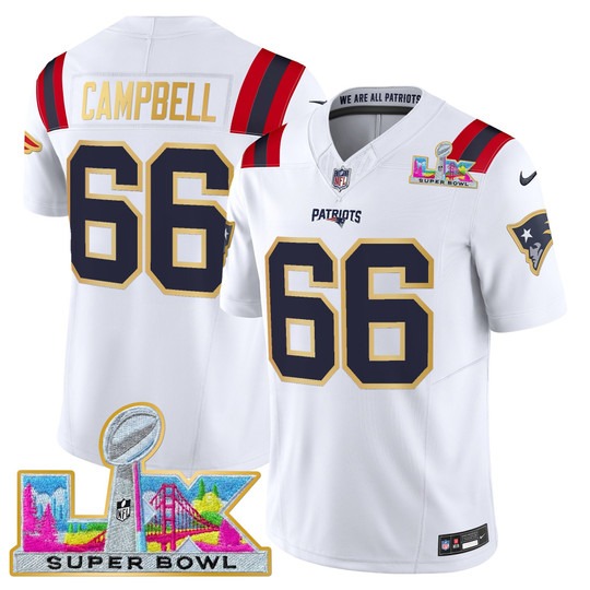 Men's New England Patriots #66 Will Campbell White 'Gold Trim' 2026 Super Bowl LX F.U.S.E. Vapor Limited Stitched Jersey