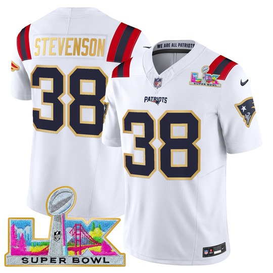 Men's New England Patriots #38 Rhamondre Stevenson White 'Gold Trim' 2026 Super Bowl LX F.U.S.E. Vapor Limited Stitched Jersey