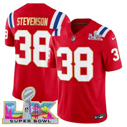 Men's New England Patriots #38 Rhamondre Stevenson Red 'Gold Trim' 2026 Super Bowl LX F.U.S.E. Vapor Limited Stitched Jersey