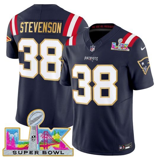 Men's New England Patriots #38 Rhamondre Stevenson Navy 'Gold Trim' 2026 Super Bowl LX F.U.S.E. Vapor Limited Stitched Jersey