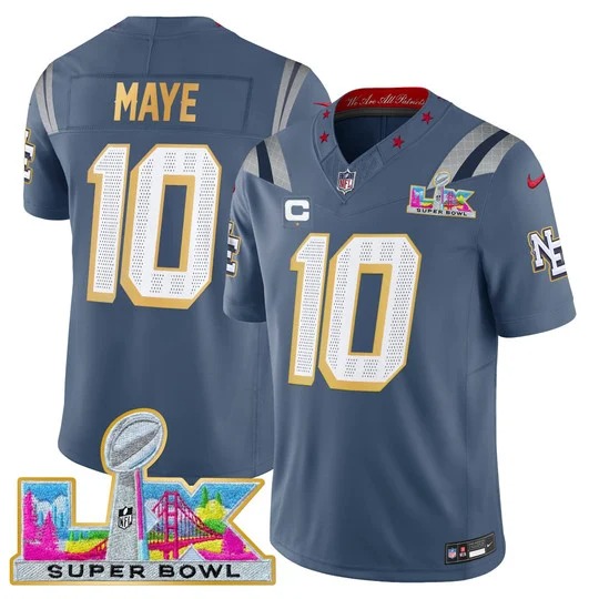 Men's New England Patriots #10 Drake Maye Storm Blue 'Gold Trim' 2026 Super Bowl LX F.U.S.E. Vapor Limited Stitched Jersey