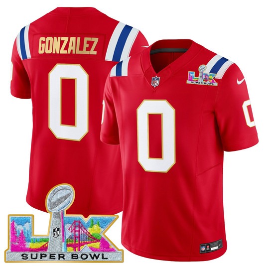 Men's New England Patriots #0 Christian Gonzalez Red 'Gold Trim' 2026 Super Bowl LX F.U.S.E. Vapor Limited Stitched Jersey