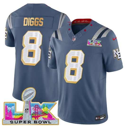 Men's New England Patriots #8 Stefon Diggs Storm Blue 'Gold Trim' 2026 Super Bowl LX F.U.S.E. Vapor Limited Stitched Jersey