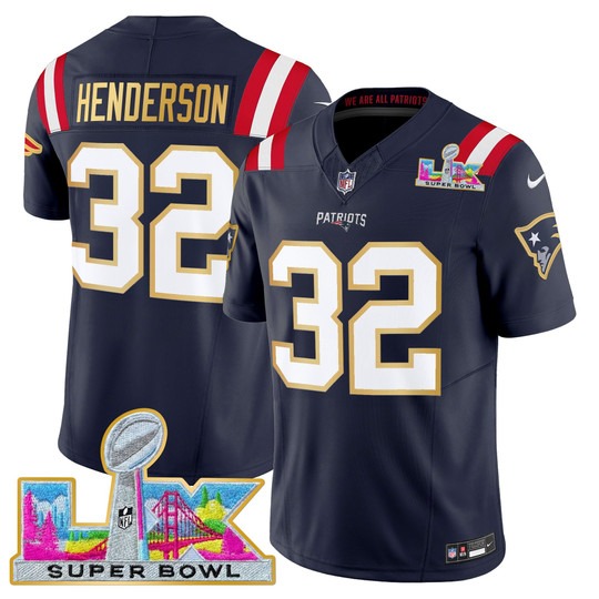 Men's New England Patriots #32 TreVeyon Henderson Navy 'Gold Trim' 2026 Super Bowl LX F.U.S.E. Vapor Limited Stitched Jersey
