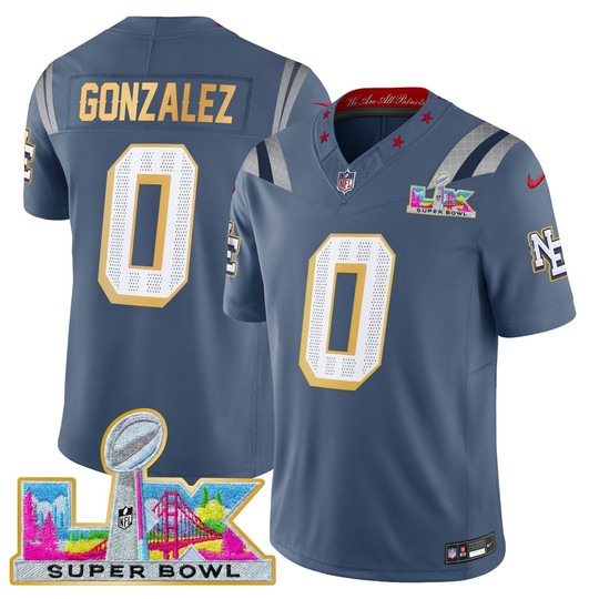 Men's New England Patriots #0 Christian Gonzalez Storm Blue 'Gold Trim' 2026 Super Bowl LX F.U.S.E. Vapor Limited Stitched Jersey