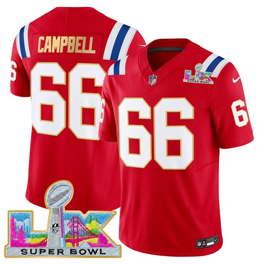 Men's New England Patriots #66 Will Campbell Red 'Gold Trim' 2026 Super Bowl LX F.U.S.E. Vapor Limited Stitched Jersey