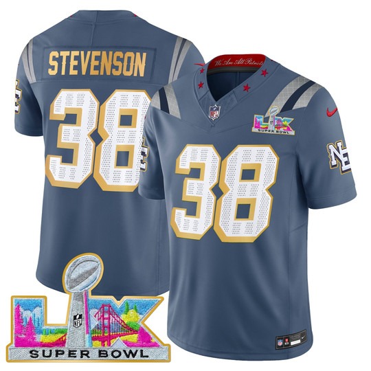 Men's New England Patriots #38 Rhamondre Stevenson Storm Blue 'Gold Trim' 2026 Super Bowl LX F.U.S.E. Vapor Limited Stitched Jersey