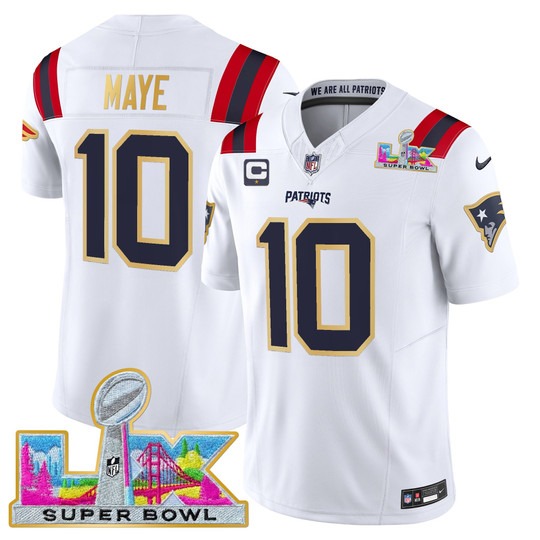 Men's New England Patriots #10 Drake Maye White 'Gold Trim' 2026 Super Bowl LX F.U.S.E. Vapor Limited Stitched Jersey