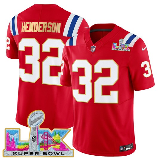 Men's New England Patriots #32 TreVeyon Henderson Red 'Gold Trim' 2026 Super Bowl LX F.U.S.E. Vapor Limited Stitched Jersey