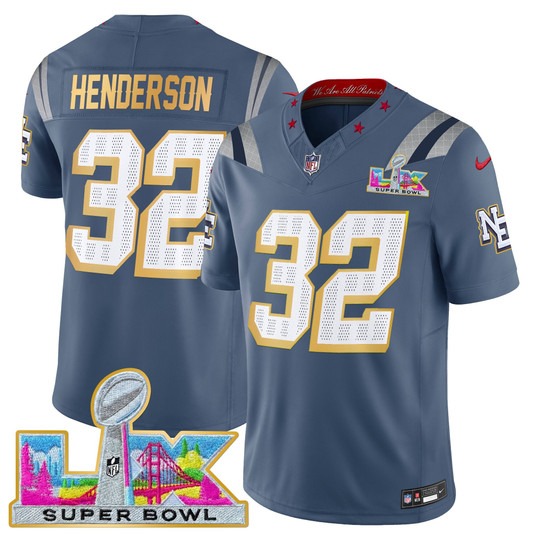 Men's New England Patriots #32 TreVeyon Henderson Storm Blue 'Gold Trim' 2026 Super Bowl LX F.U.S.E. Vapor Limited Stitched Jersey