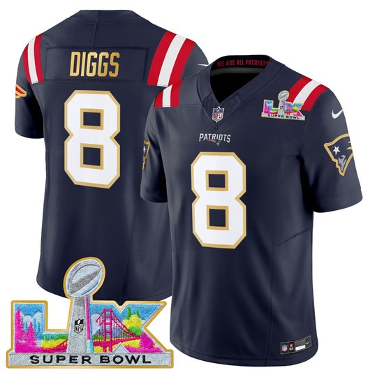 Men's New England Patriots #8 Stefon Diggs Navy 'Gold Trim' 2026 Super Bowl LX F.U.S.E. Vapor Limited Stitched Jersey