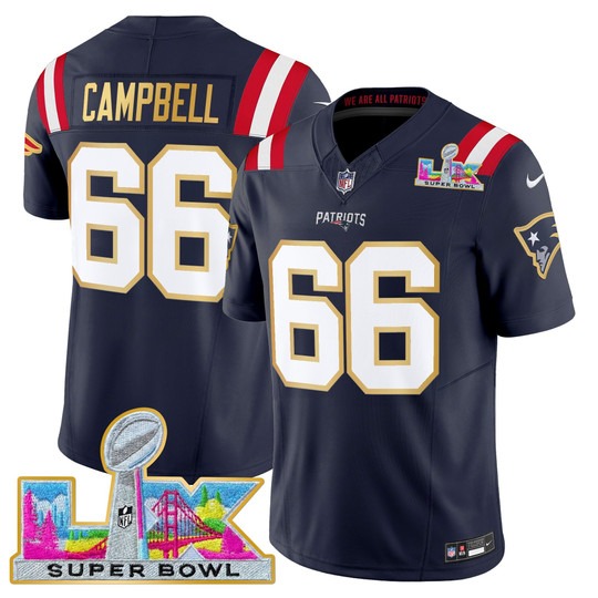 Men's New England Patriots #66 Will Campbell Navy 'Gold Trim' 2026 Super Bowl LX F.U.S.E. Vapor Limited Stitched Jersey
