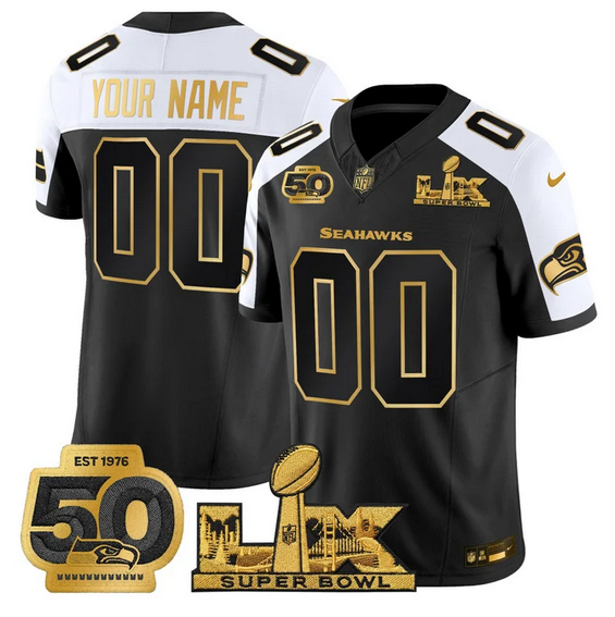 Men's Seattle Seahawks Active Player Custom Black Alternate 2025 F.U.S.E. Super Bowl LX Patch And 50th Season Patch Vapor Limited Stitched Football Jersey