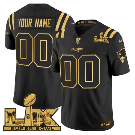 Men's New England Patriots Active Player Custom Black Gold F.U.S.E. 2026 Super Bowl LX Patch Vapor Limited Stitched Football Jersey