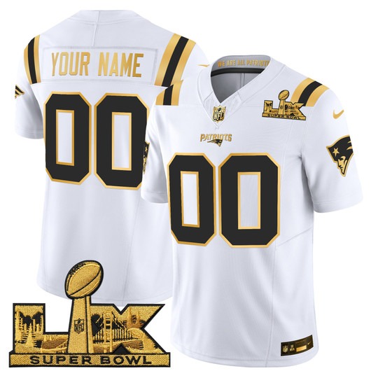 Men's New England Patriots Active Player Custom White Gold F.U.S.E. 2026 Super Bowl LX Patch Vapor Limited Stitched Football Jersey
