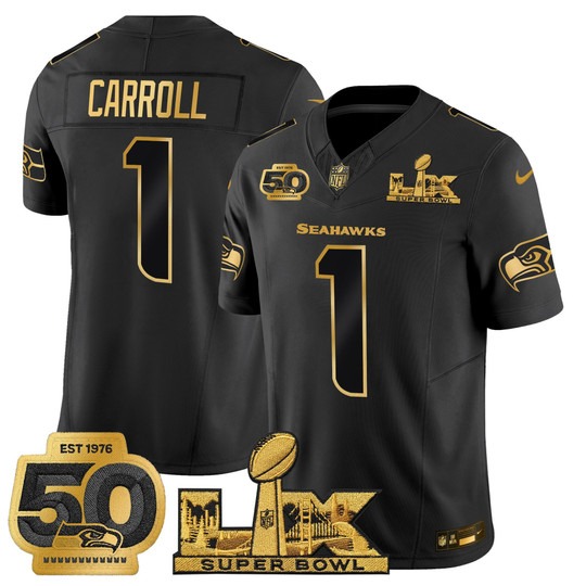 Men's Seattle Seahawks #1 Pete Carroll Black Gold F.U.S.E. 2026 Super Bowl LX & 50th Season Patch Vapor Limited Stitched Jersey
