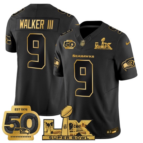 Men's Seattle Seahawks #9 Kenneth Walker III Black Gold F.U.S.E. 2026 Super Bowl LX & 50th Season Patch Vapor Limited Stitched Jersey