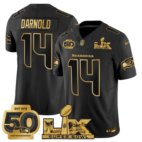 Men's Seattle Seahawks #14 Sam Darnold Black Gold F.U.S.E. 2026 Super Bowl LX & 50th Season Patch Vapor Limited Stitched Jersey