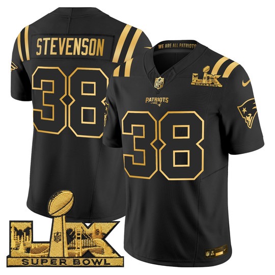 Men's New England Patriots #38 Rhamondre Stevenson Black Gold F.U.S.E. 2026 Super Bowl LX Patch Vapor Limited Stitched Football Jersey