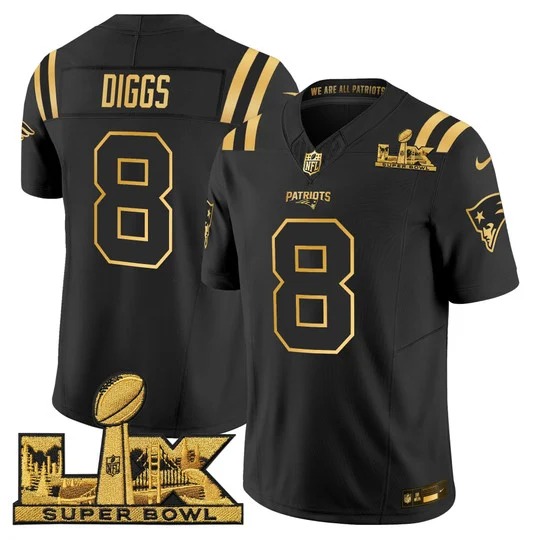Men's New England Patriots #8 Stefon Diggs Black Gold F.U.S.E. 2026 Super Bowl LX Patch Vapor Limited Stitched Football Jersey