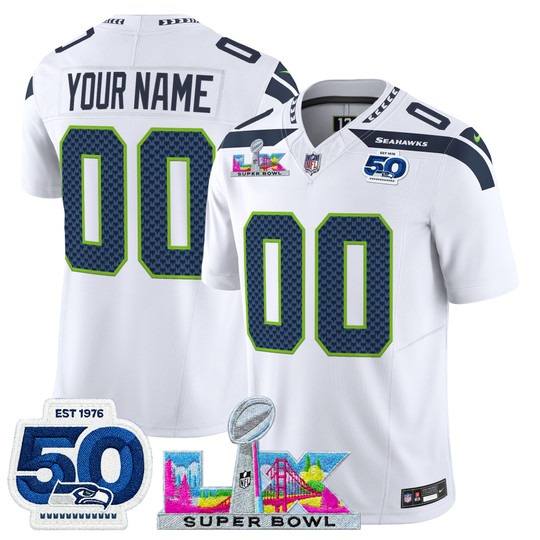 Men & Women & Youth Seattle Seahawks Custom White 2026 Super Bowl LX & 50th Patch F.U.S.E. Vapor Limited Stitched Jersey