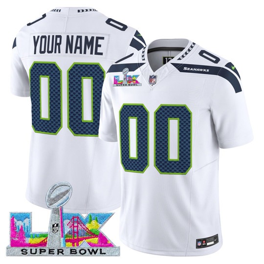 Men & Women & Youth Seattle Seahawks Custom White 2026 Super Bowl LX Patch F.U.S.E. Vapor Limited Stitched Jersey