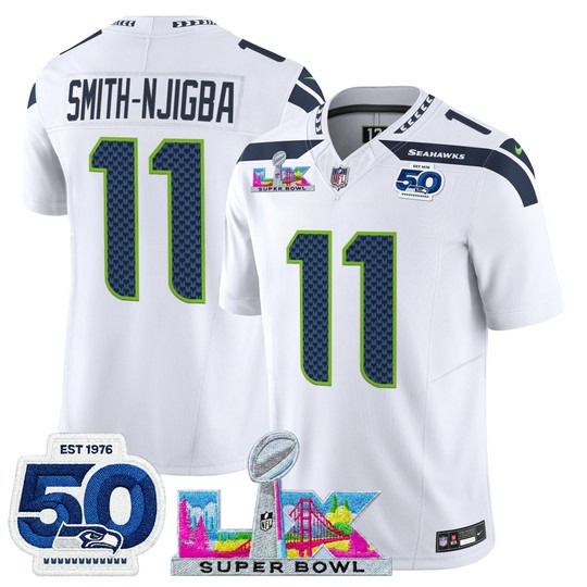 Men's Seattle Seahawks #11 Jaxon Smith-Njigba White 2026 Super Bowl LX & 50th Patch F.U.S.E. Vapor Limited Stitched Jersey