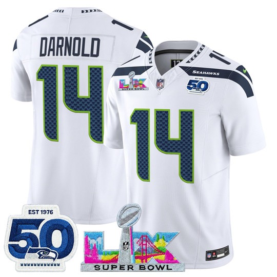 Men's Seattle Seahawks #14 Sam Darnold White 2026 Super Bowl LX & 50th Patch F.U.S.E. Vapor Limited Stitched Jersey