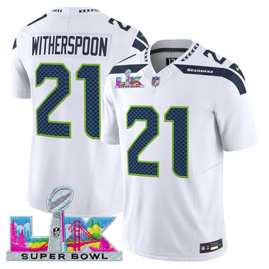 Men's Seattle Seahawks #21 Devon Witherspoon White 2026 Super Bowl LX Patch F.U.S.E. Vapor Limited Stitched Jersey