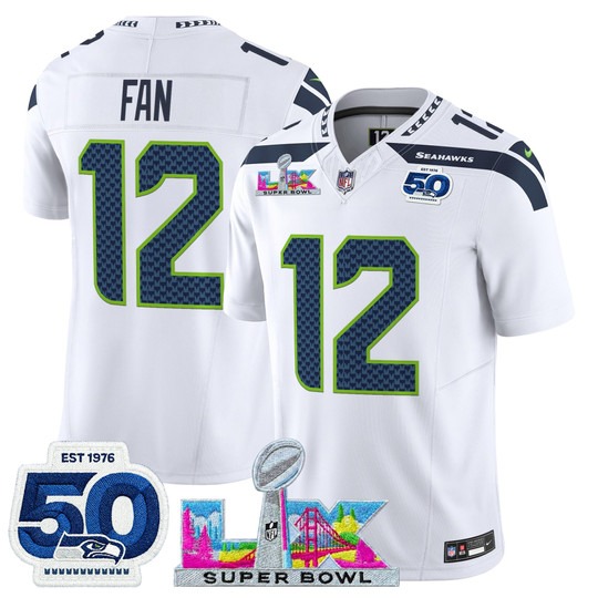 Men's Seattle Seahawks #12 Fan White 2026 Super Bowl LX & 50th Patch F.U.S.E. Vapor Limited Stitched Jersey